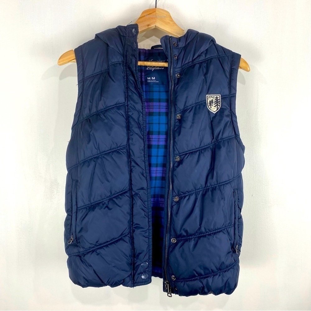 American Eagle Faux Fur Hooded Winter Snow Puffer Vest Navy Blue Size Medium